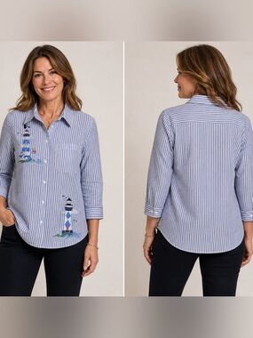 Blair Blue and White Striped Button-Down Shirt with Lighthouse Embroidery